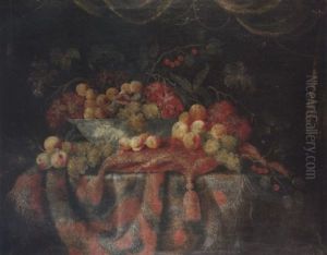 A Wan-li Kraak Dish With Grapes, Peaches And Figs On A Draped Tale With A Cushion And Other Fruit