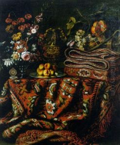 Roses, Lemon Blossom And Other Flowers In A Glass Vase, A Gold Pocket Watch, Peaches On A Pewter Plate by Jacques Hupin