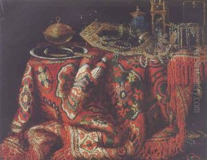 Still Life Of A Gilt Mirror, Jewellery Box, A Tower Clock, A Hardstone Cup And Other Objects Upon A Table Draped With A Carpet