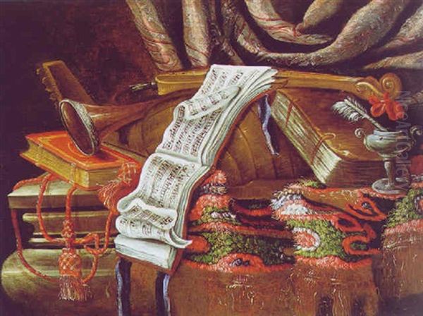 Stilleben Mit Buchern, Noten Und Musikinstrumenten Auf Einem Orientteppich - view 1