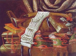 Stilleben Mit Buchern, Noten Und Musikinstrumenten Auf Einem Orientteppich by Jacques Hupin