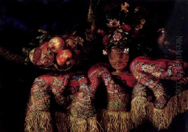 Still Life Of Pomegranates On A Pewter Stand, Various Flowers In A Gilt Vase, And A Parrot, All On A Table Draped With A Rug - view 1