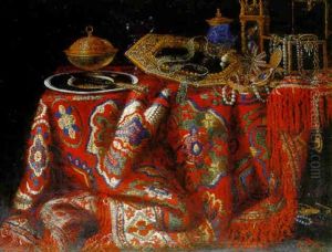 A Silver-gilt-covered Bowl And A Knife On A Plate, An Open Jewelry Box On A Table Draped With A Carpet by Jacques Hupin