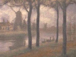 Landscape With Windmill, Canal And A Path by Edward Timothy Hurley