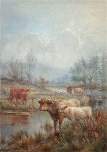A Misty Morning, Scotch Cattle by Louis Bosworth Hurt