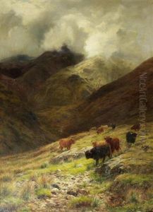 Beneath The Gathering Mists, Highland Cattle by Louis Bosworth Hurt