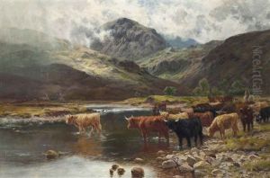 Cattle Crossing The River Garie, Kinlochewe, Scotland by Louis Bosworth Hurt