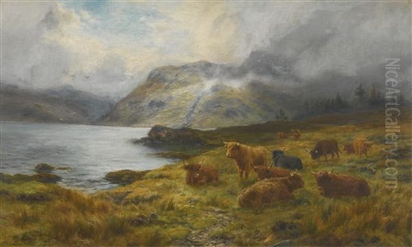 Highland Cattle Resting By A Loch - view 1