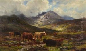 Highland Cattle Watering In A Mountain Glen by Louis Bosworth Hurt