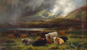 Highland Cattle Resting Near A Loch by Louis Bosworth Hurt