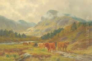 Highland Cattle Grazing In A Mountain Landscape With Low Clouds by Louis Bosworth Hurt