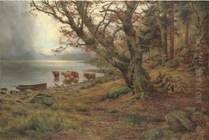 Highland Cattle By A Lake by Louis Bosworth Hurt