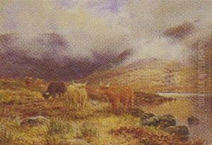A Mountainous Landscape With Rolling Fog Next To A Lake by Louis Bosworth Hurt