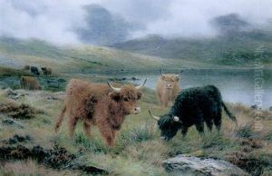 Highland Cattle Beside A Loch by Louis Bosworth Hurt