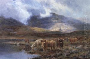Highland Cattle In A Mist Covered Landscape by Louis Bosworth Hurt