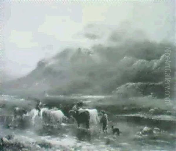 A Highland Landscape With Drovers And Cattle At A Ford - view 1