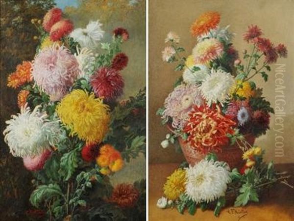 Still Life Of Dahlias In A Terracotta Vase On A Ledge - view 1