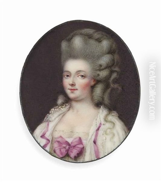 A Young Lady, In White Shift With Lilac Ribbons And Bow At Corsage, Her Upswept Powdered Hair Dressed In Ringlets - view 1