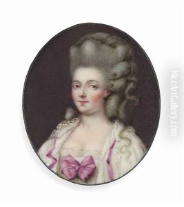 A Young Lady, In White Shift With Lilac Ribbons And Bow At Corsage, Her Upswept Powdered Hair Dressed In Ringlets