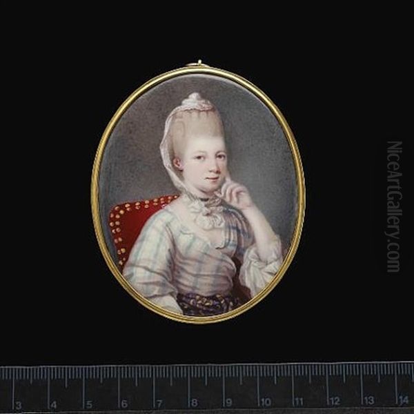 A Lady, Seated In A Red Upholstered Chair, Wearing White Dress With Green Striped White Underslip And Purple Sash Striped With Yellow, Black Ribbon Choker - view 1