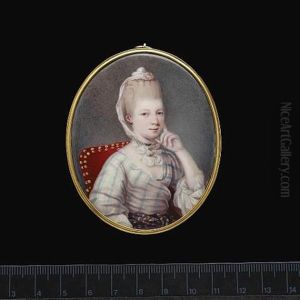A Lady, Seated In A Red Upholstered Chair, Wearing White Dress With Green Striped White Underslip And Purple Sash Striped With Yellow, Black Ribbon Choker by Johann Heinrich von Hurter