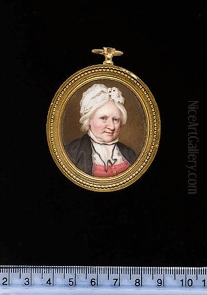 Elisabeth Carter Wearing Pink Dress With White Fill-in, Black Lace-edged Shawl, Black Ribbon Necklace And White Bonnet Adorned With Lace And Ribbons - view 1