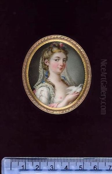 A Lady In The Guise Of Innocence, Wearing Loose White Dress To Reveal Her Right Breast, Pink Cloak, Striped Yellow Gauze Veil, Ribbons And Flowers In Her Blonde Hair, A Dove In Her Hand - view 1