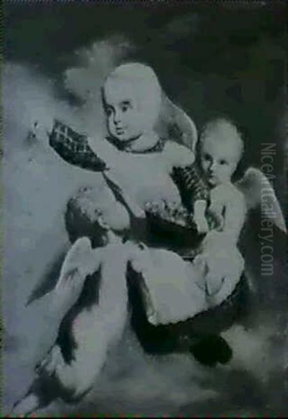 Petit Enfant Essaimant Des Roses, Transporte Par Deux Anges - view 1