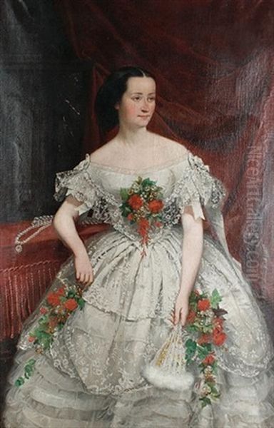A Portrait Of A Woman In A Lace Ballgown Applied With Flowers - view 1