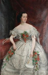 A Portrait Of A Woman In A Lace Ballgown Applied With Flowers