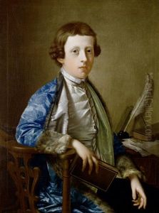 Portrait Of A Boy (john Wolffe) In A Blue Brocade Fur-trimmed Coat, Seated At A Table Holding A Book by Giles Hussey