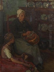A Woman And Child Cleaning Copper Pots by Frank Townsend Hutchens