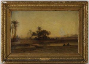 Oasis Dans Le Desert, Paysage Orientaliste Anime
