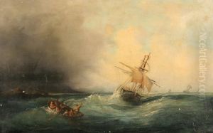 Boats In A Stormy Sea by Francois Pierre Barry