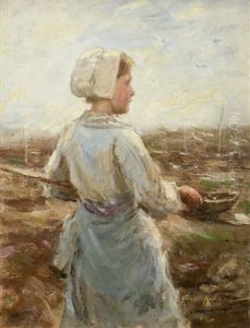 Fisher Girl Standing Before A Coastline by Robert Gemmell Hutchison