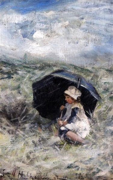 Girl Sheltering Beneath An Umbrella - view 1
