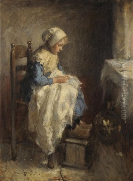 A Young Girl Seated Beside A Window Sewing - view 1