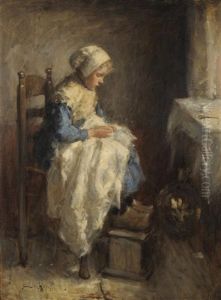 A Young Girl Seated Beside A Window Sewing by Robert Gemmell Hutchison