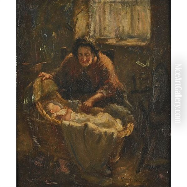 Elderly Woman Baby In A Cradle - view 1