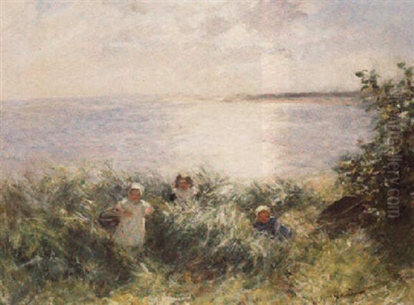 Young Girls Picking Flowers By The Sea - view 1