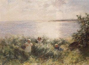 Young Girls Picking Flowers By The Sea by Robert Gemmell Hutchison