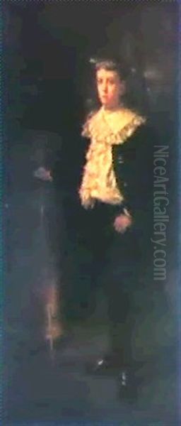 A Portrait Of A Boy, Standing Full Length, By A Pedestal    Wearing A Black Jacket And Trousers, And Lace Shirt - view 1