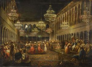 A Nautch At The Court Of Humayun Jah, Nawab Of Bengal (1810-1838) At Murshidabad, With The Nawab And The British Resident Seated On The Right by William Henry Florio Hutchisson