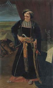 Portrait Of Maharaja Pratap Chand, Standing Full-length, Dressed As A Warrior, A Letter To Lord Hastings On A Table At Right by William Henry Florio Hutchisson