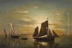 Segelschiffe Vor Sonnenuntergang by Julius Huth