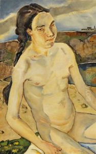 Sitzender Madchenakt Vor Landschaft by Julius Huether