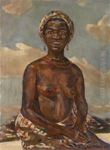 En-face-halbakt Einer Sitzenden Schwarzafrikanerin Mit Turban Und Korallenschmuck by Julius Huether