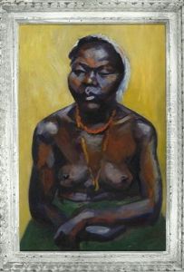 Portrait Einer Sitzenden, Barbusigen Schwarzafrikanerin Vor Gelbem Hintergrund Portrait Einer Sitzenden, Barbusigen Schwarzafrikanerin Vor Gelbem Hintergrund