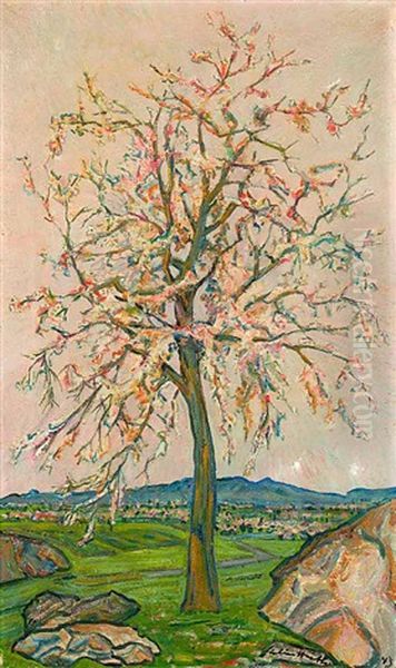 Bluhender Baum Vor Weiter Fruhlingslandschaft - view 1