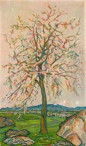 Bluhender Baum Vor Weiter Fruhlingslandschaft by Julius Huether